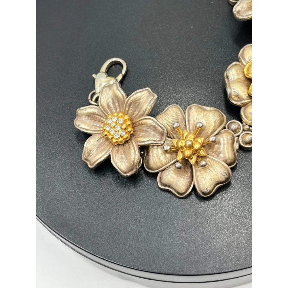 Brighton‎ Vintage Retro Garden Flower Two-Tone 3-D Crystal Brushed Bracelet
